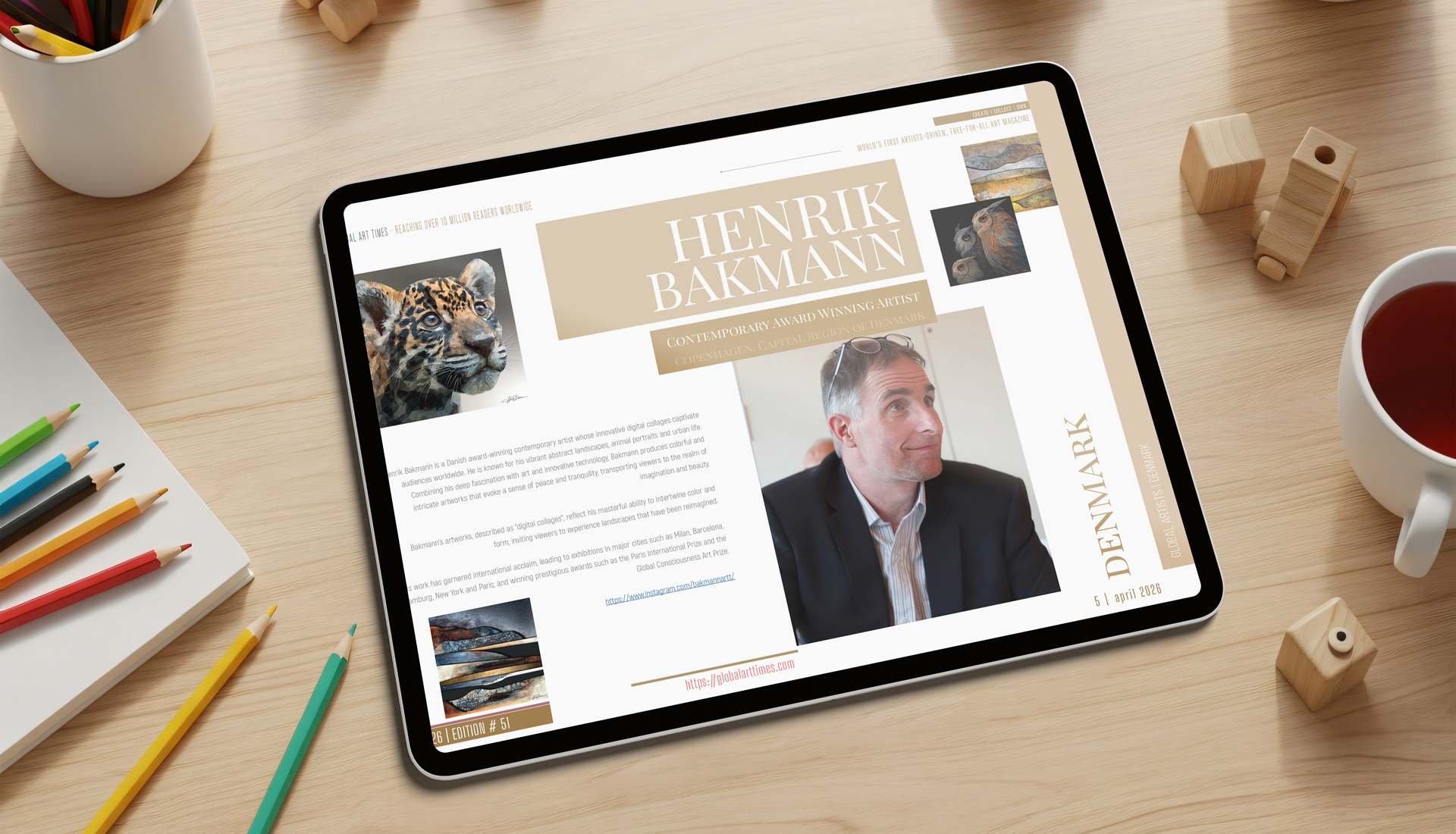 Global Art Times 51st Edition, April 2026 featuring Henrik Bakmann - Award Winning Contemporary artist from Denmark, on Cover