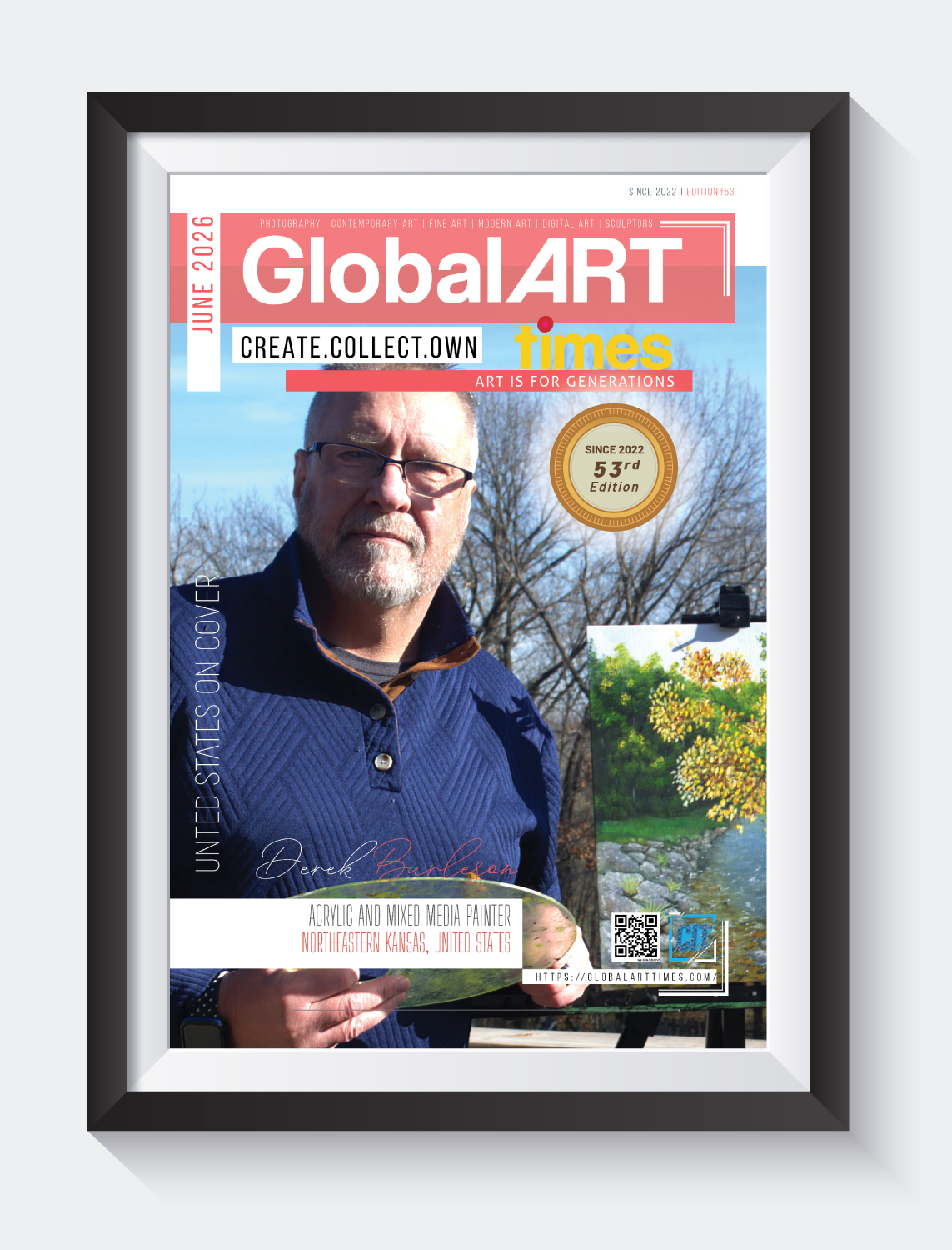 Global Art Times 53rd Edition, June 2026 featuring Derek Burleson - Mixed Media Painter from United States, on Cover