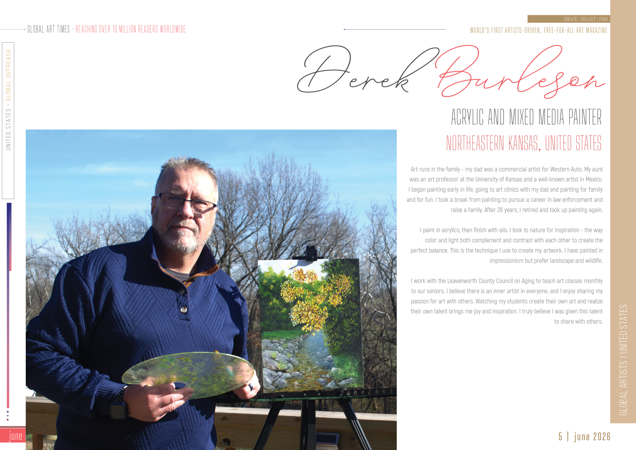 Global Art Times 53rd Edition, June 2026 featuring Derek Burleson - Mixed Media Painter from United States, on Cover